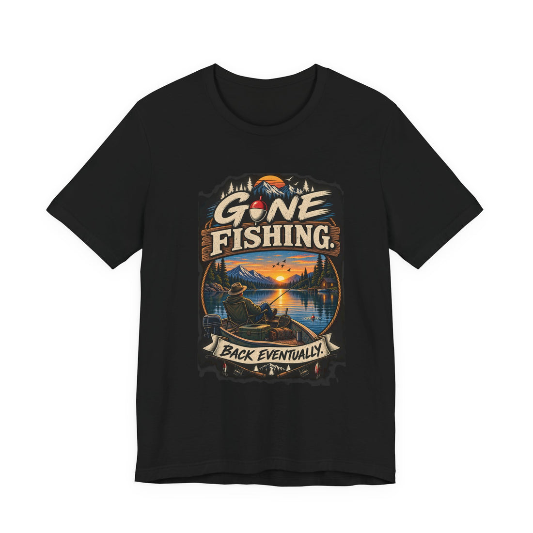 Gone Fishing Tee — "Back Eventually" Vintage Lake Sunset Fishing T-Shirt