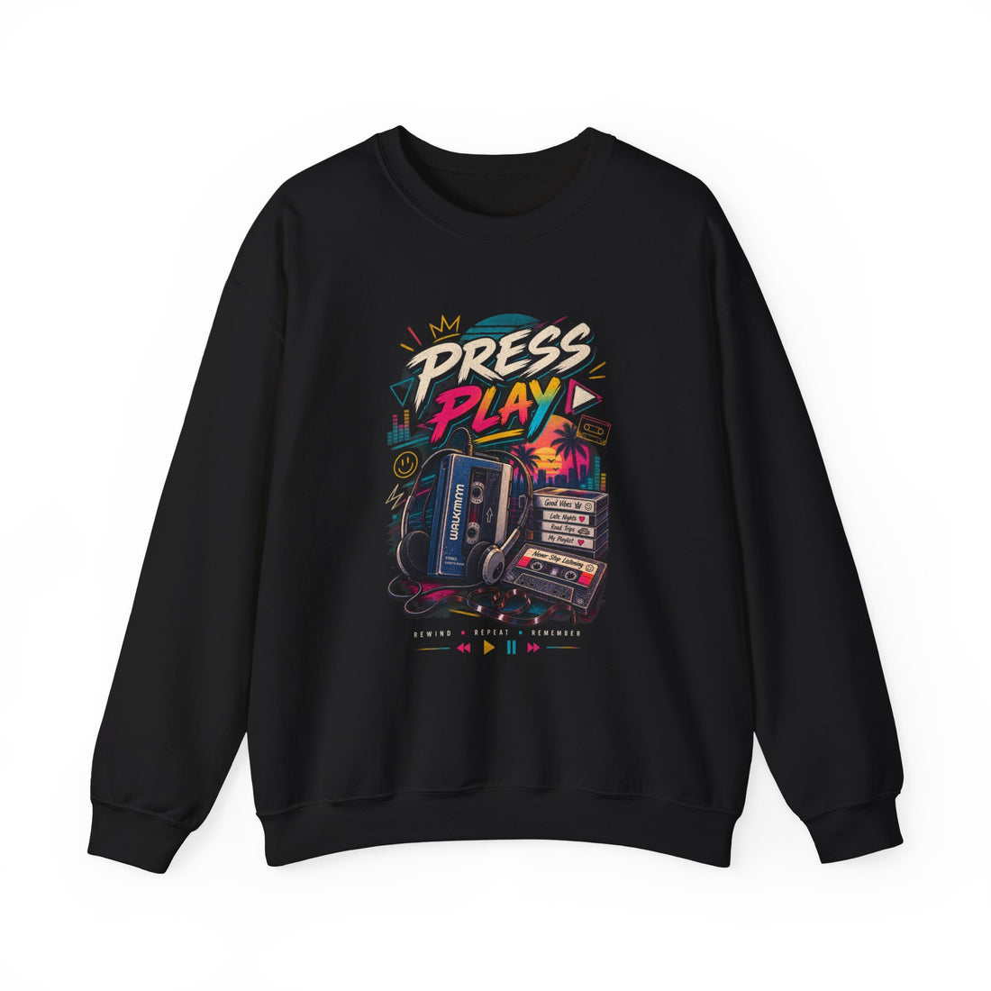 Retro 'Press Play' Sweatshirt – Vintage Cassette & Boombox Graphic
