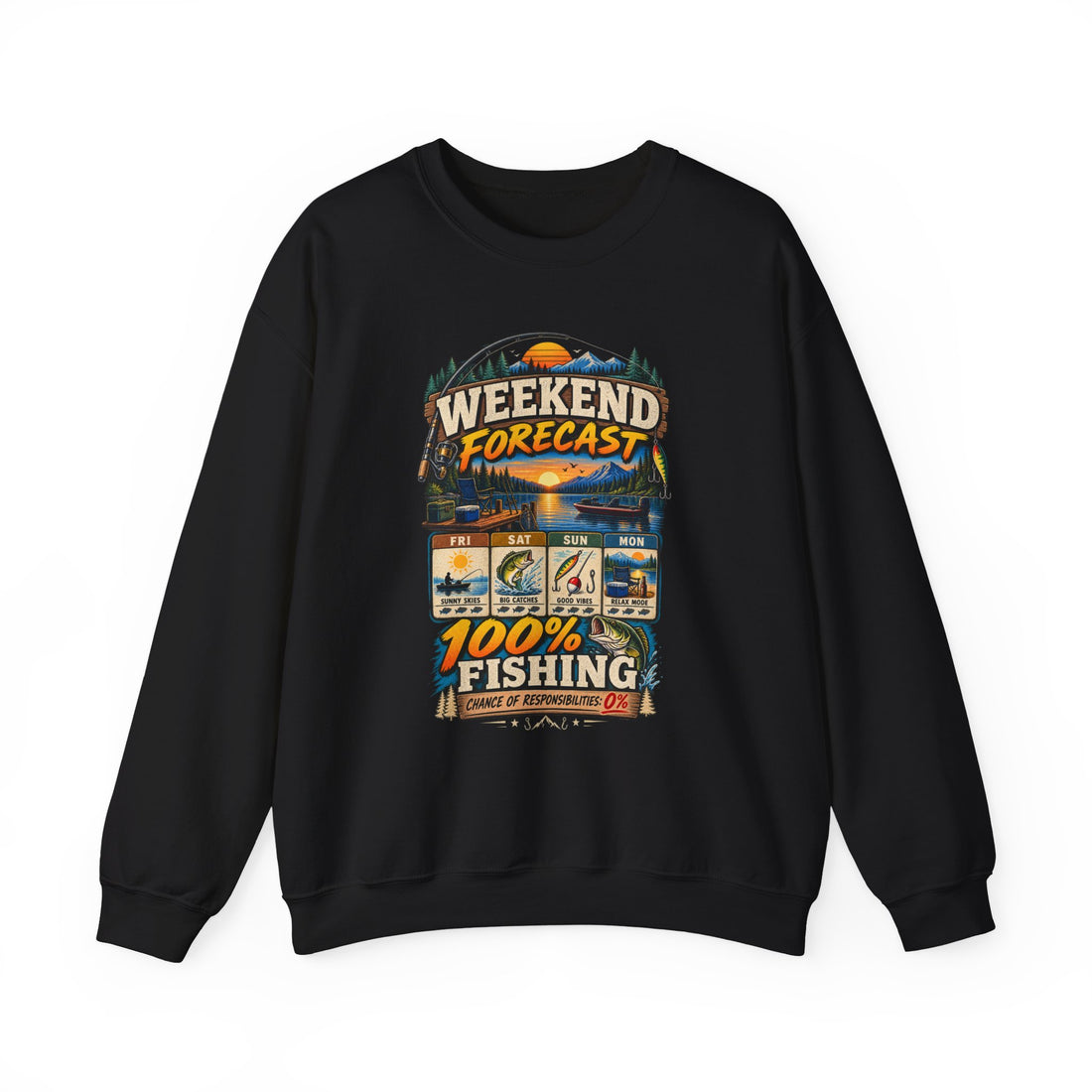 Fishing Crewneck Sweatshirt — "Weekend Forecast: 100% Fishing" Retro Outdoor Tee