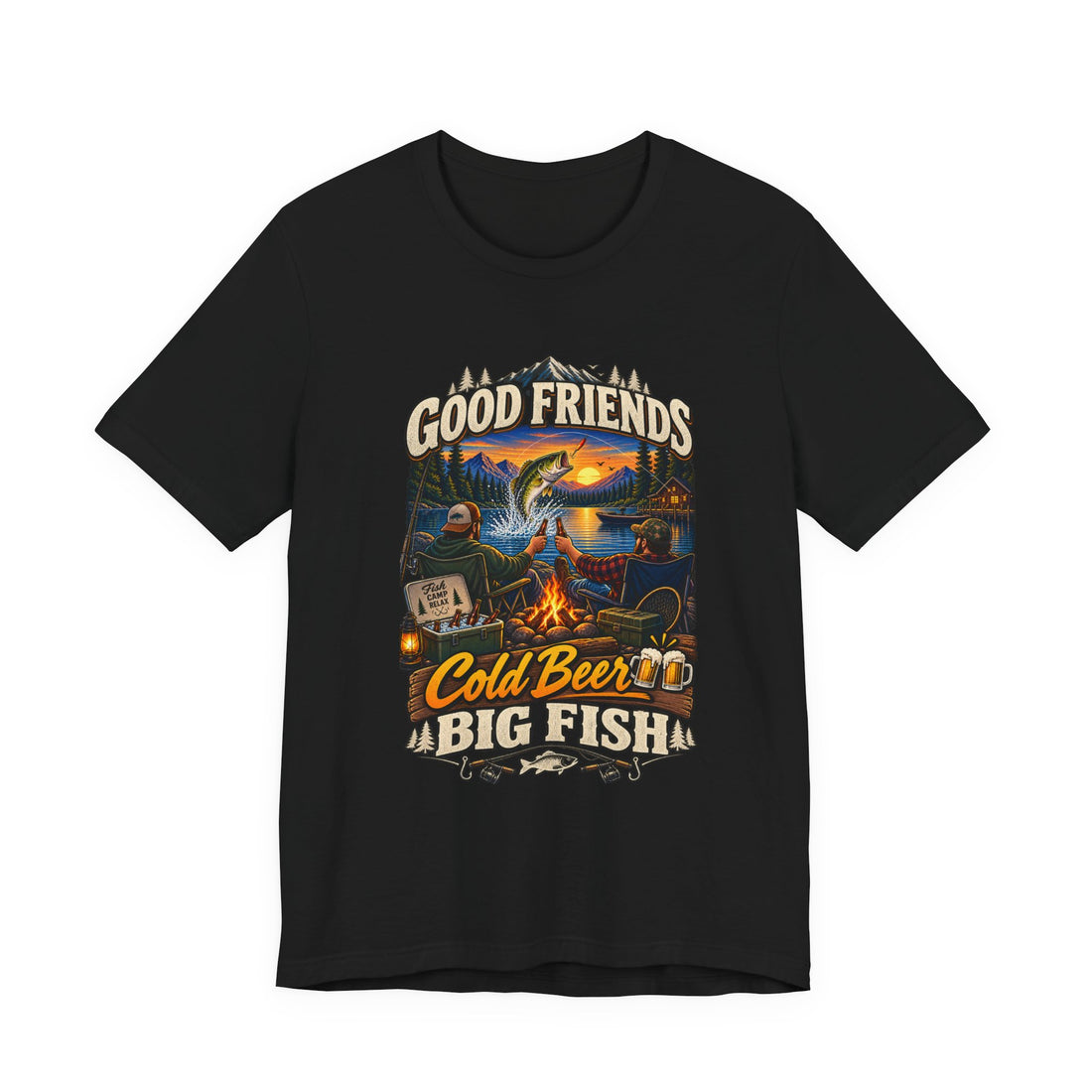 Good Friends Cold Beer Big Fish Fishing T-Shirt — Campfire Lake Life Graphic Tee