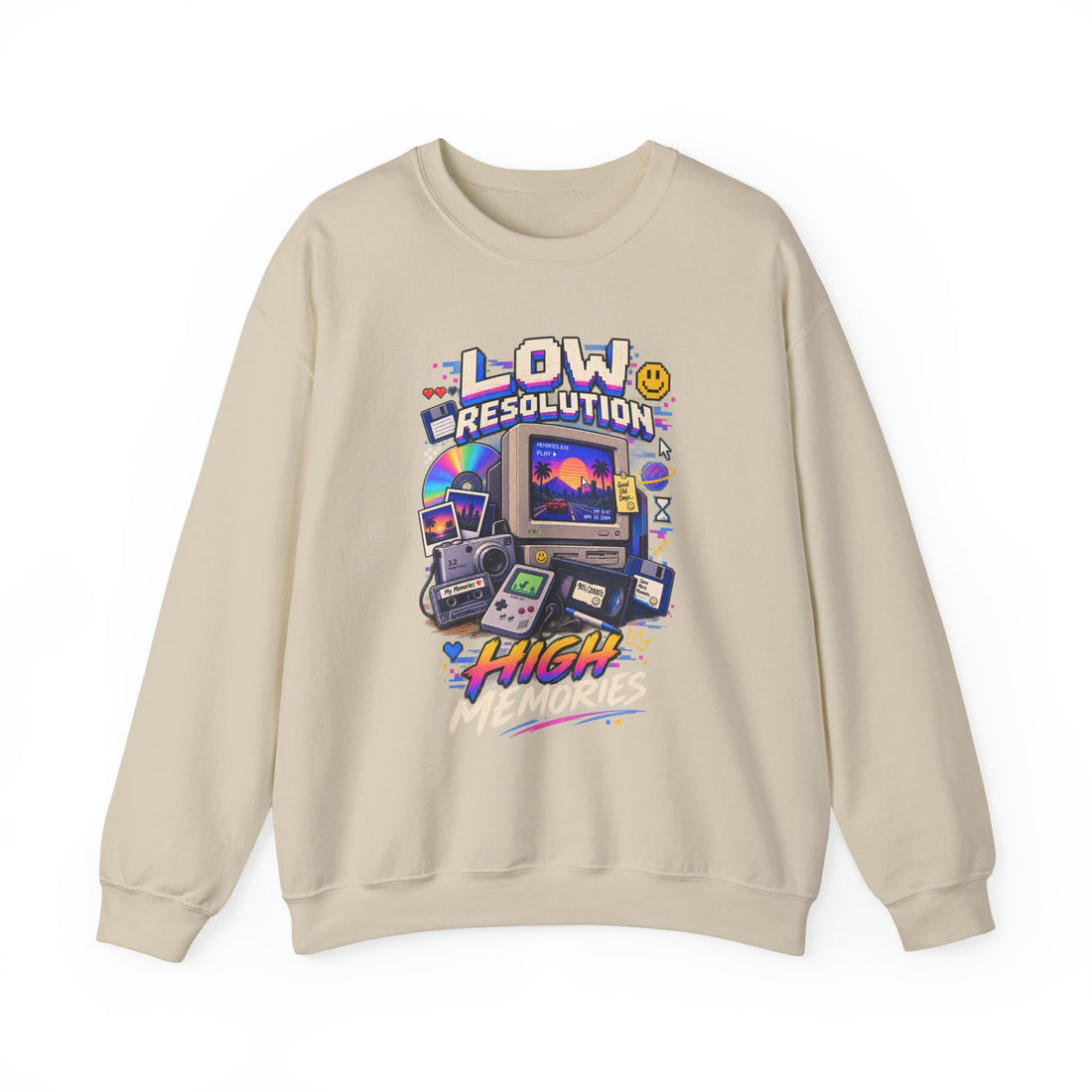 Retro Gaming Crewneck Sweatshirt — "Low Resolution High" Vaporwave Console Graphic