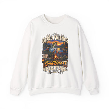 Fishing Crewneck Sweatshirt - "Good Friends, Cold Beer & Big Fish" Camping Graphic