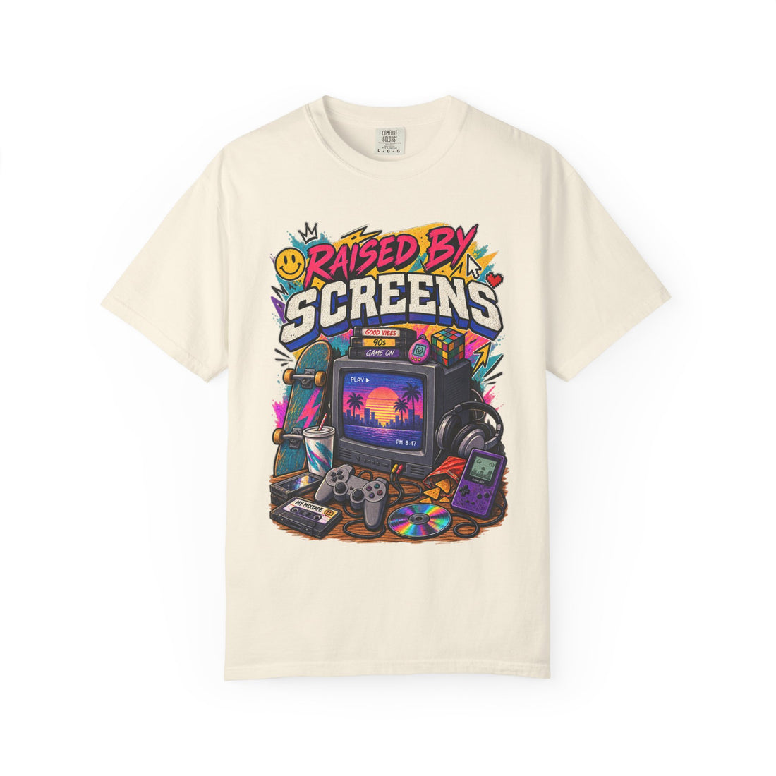 Raised by Screens T-Shirt — Retro Gaming & 90s Tech Graphic Tee