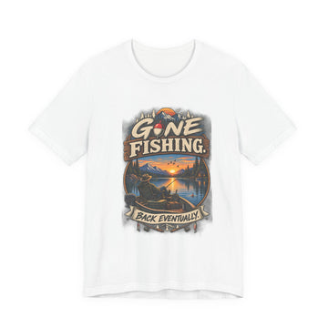 Gone Fishing Tee — "Back Eventually" Vintage Lake Sunset Fishing T-Shirt