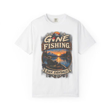 Gone Fishing T-Shirt – 'Back Eventually' Vintage Lake Sunset Fishing Tee
