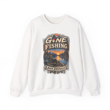 Gone Fishing Crewneck Sweatshirt — Vintage Sunset Fishing Graphic, "Gone Fishing — Back Eventually"