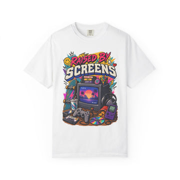 Raised by Screens T-Shirt — Retro Gaming & 90s Tech Graphic Tee