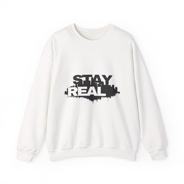 Stay Real Crewneck Sweatshirt — Urban Skyline Graphic
