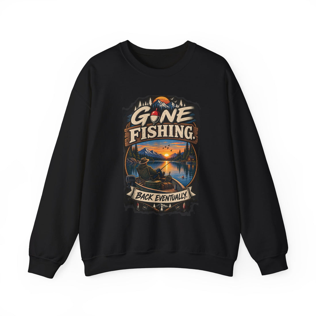 Gone Fishing Crewneck Sweatshirt — Vintage Sunset Fishing Graphic, "Gone Fishing — Back Eventually"