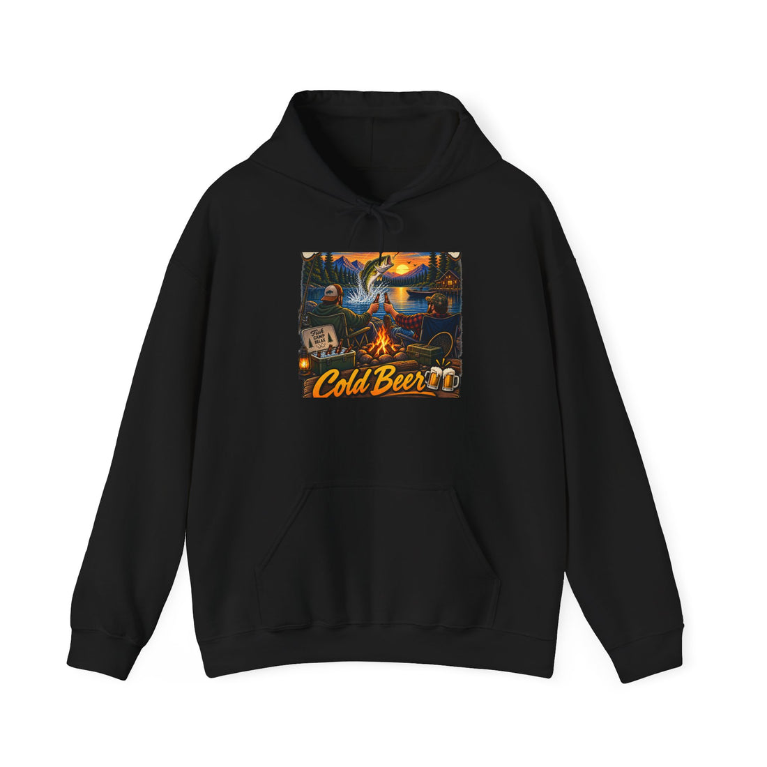 Camping Scene Hoodie with 'Cold Beer' Vintage Campfire Design