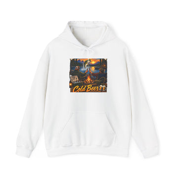 Camping Scene Hoodie with 'Cold Beer' Vintage Campfire Design