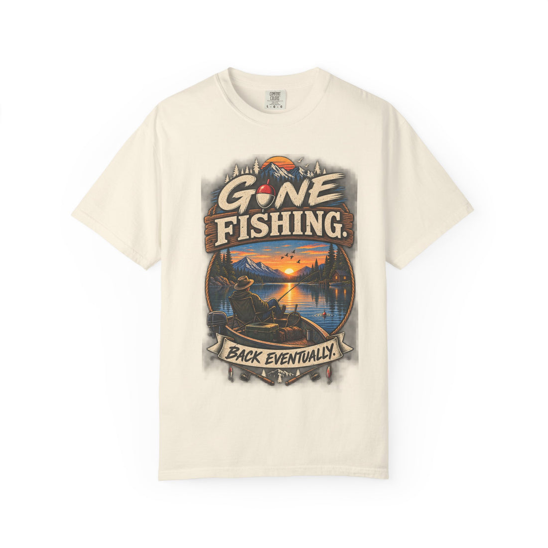 Gone Fishing T-Shirt – 'Back Eventually' Vintage Lake Sunset Fishing Tee