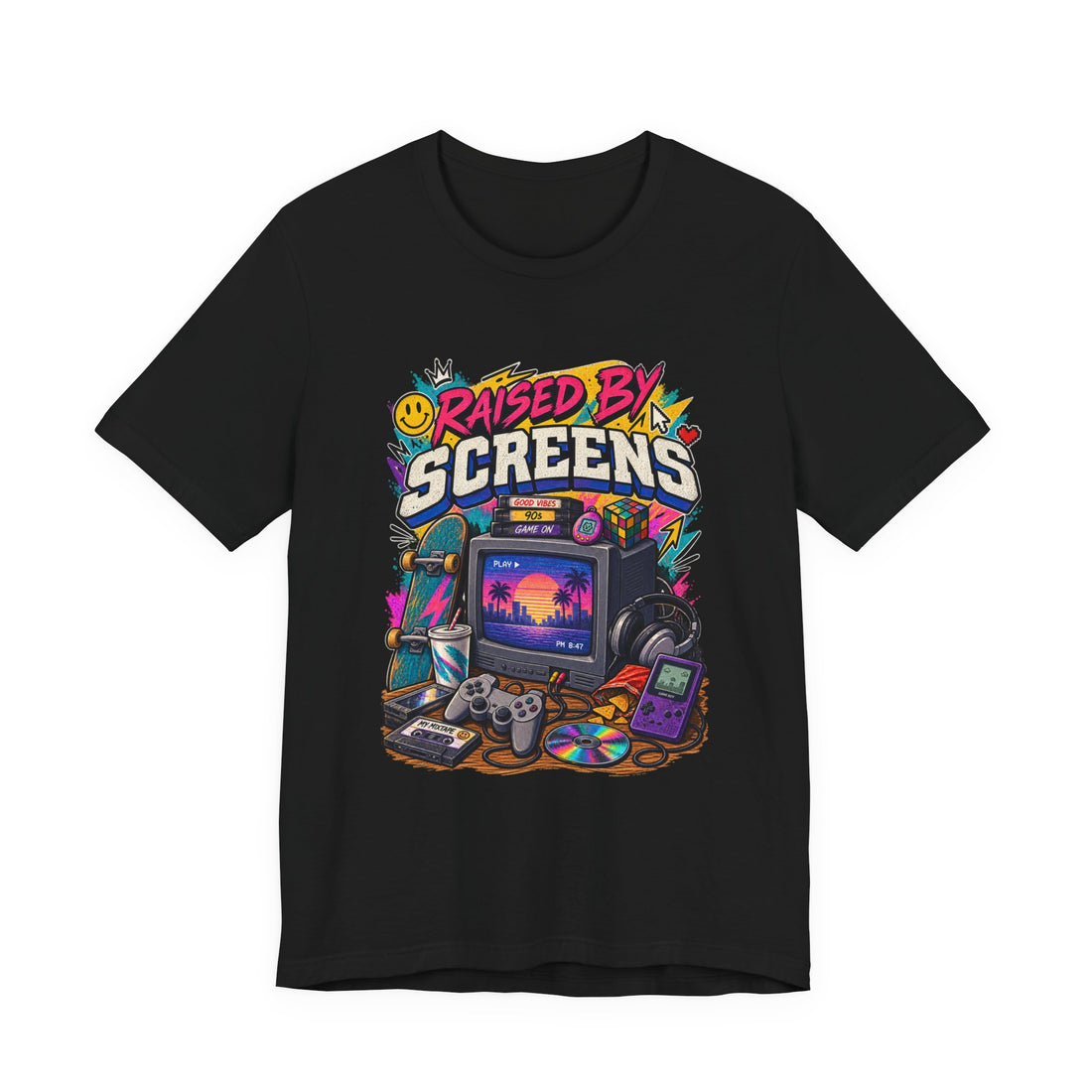 Raised by Screens Tee — Retro Gamer Vintage TV & Console Graphic T-Shirt